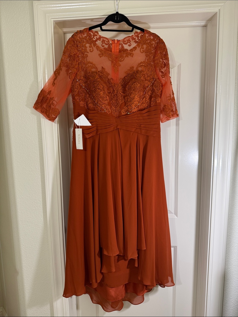 Embroidered Lace Bodice Midi Dress in Rust